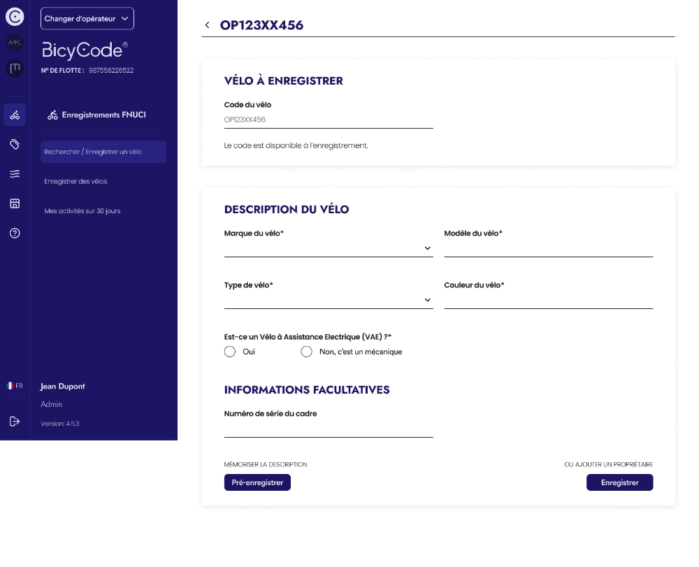 Formulaire d'enregistrement d'un vélo